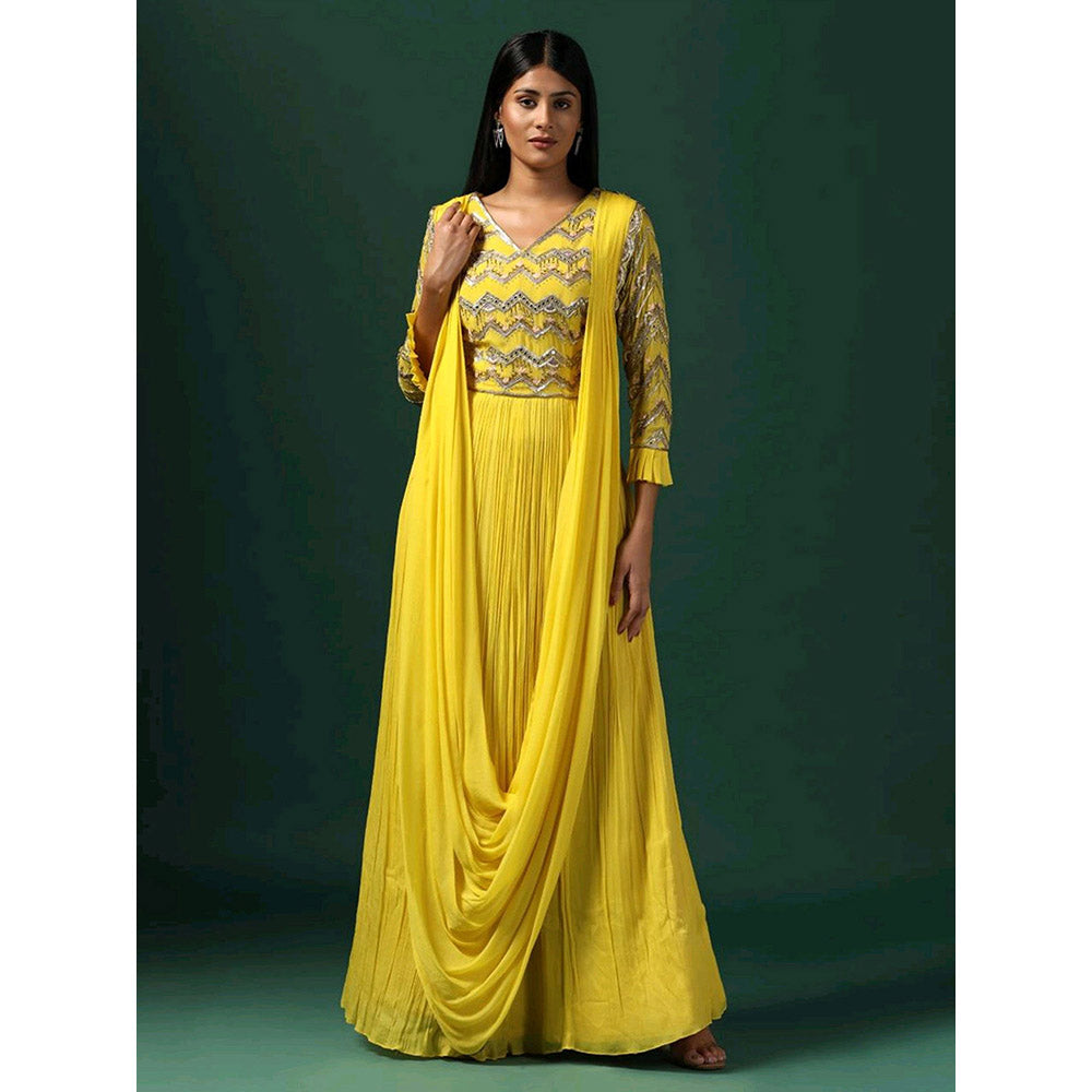 "Two Sisters" by Gyans Yellow Embroidered Georgette Maxi Dress