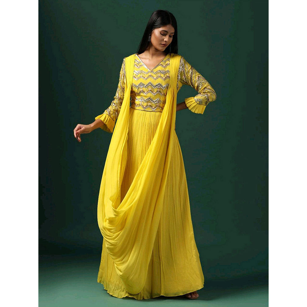 "Two Sisters" by Gyans Yellow Embroidered Georgette Maxi Dress