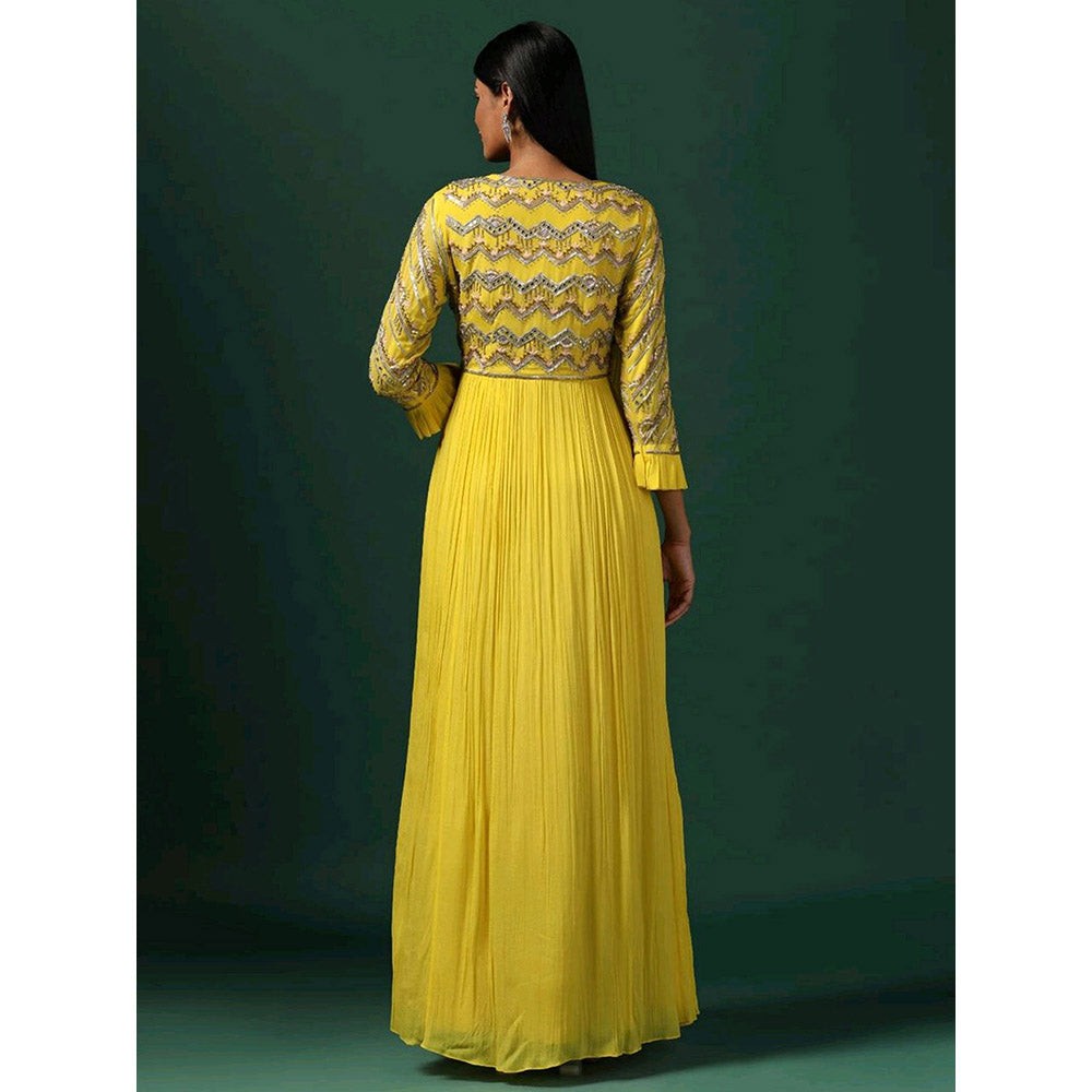 "Two Sisters" by Gyans Yellow Embroidered Georgette Maxi Dress