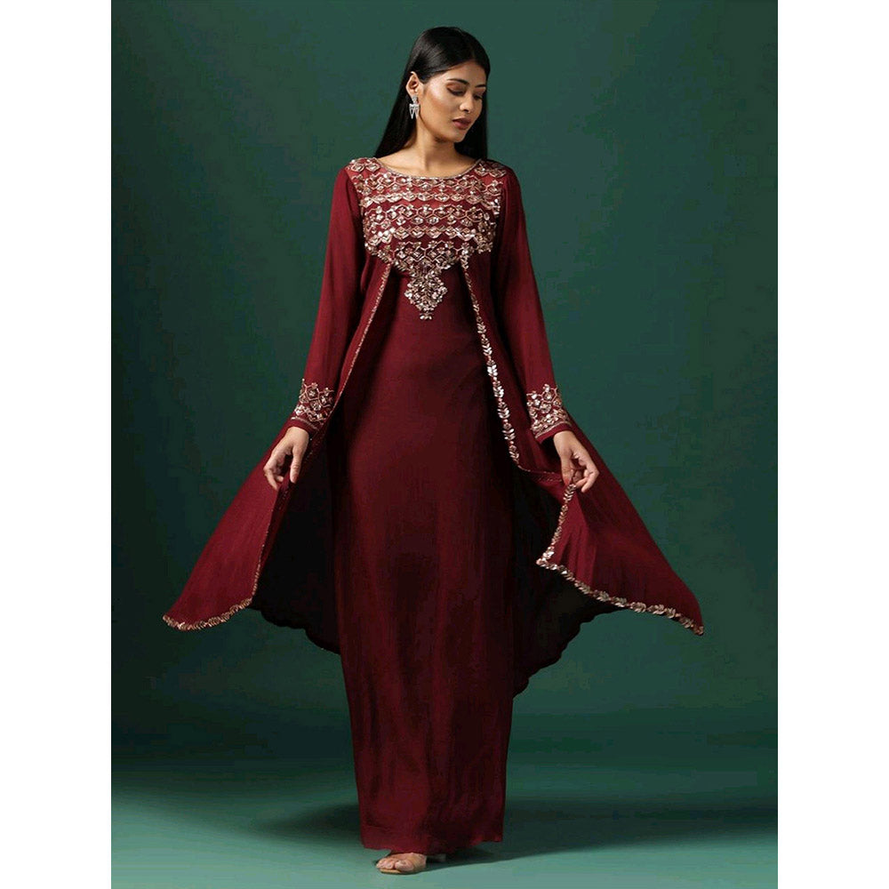"Two Sisters" by Gyans Maroon Cape Style Georgette Maxi Dress