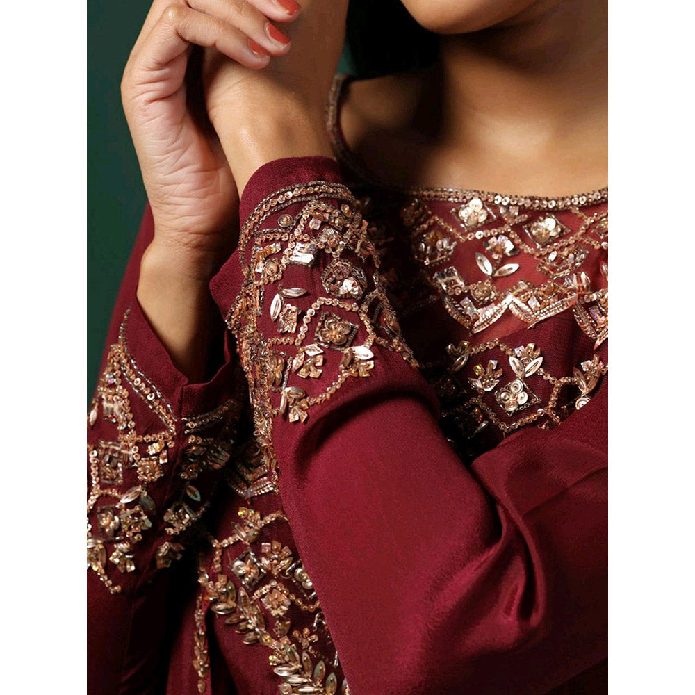 "Two Sisters" by Gyans Maroon Cape Style Georgette Maxi Dress