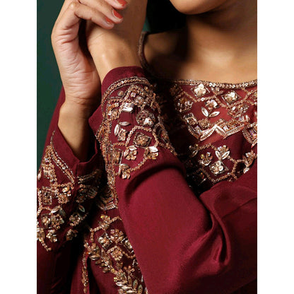 "Two Sisters" by Gyans Maroon Cape Style Georgette Maxi Dress