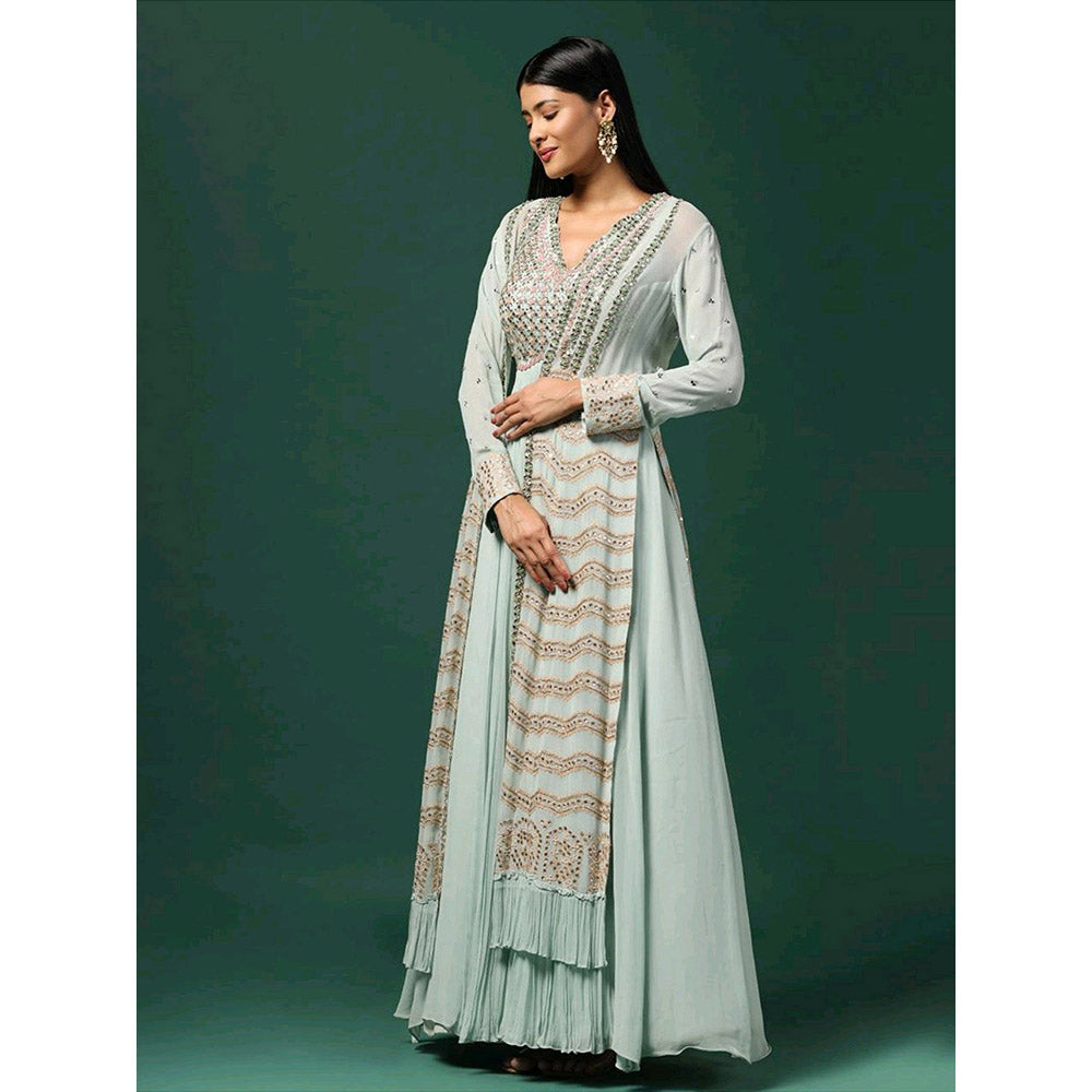 "Two Sisters" by Gyans Sea Green Anarkali with Cape (Set of 2)