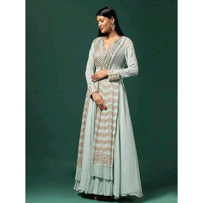 "Two Sisters" by Gyans Sea Green Anarkali with Cape (Set of 2)