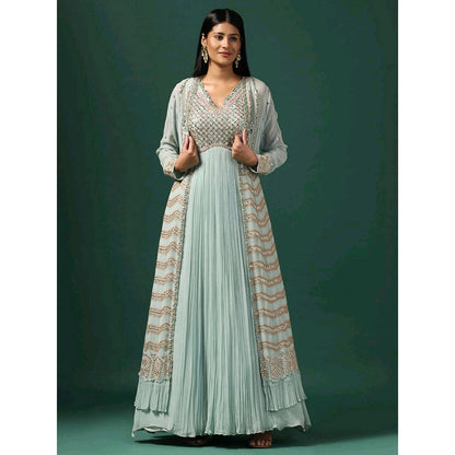 "Two Sisters" by Gyans Sea Green Anarkali with Cape (Set of 2)