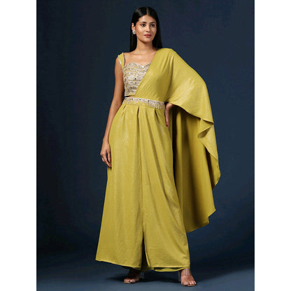 "Two Sisters" by Gyans Green Embellished Crop Top with Palazzo, Belt and Dupatta (Set of 4)