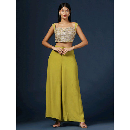 "Two Sisters" by Gyans Green Embellished Crop Top with Palazzo, Belt and Dupatta (Set of 4)