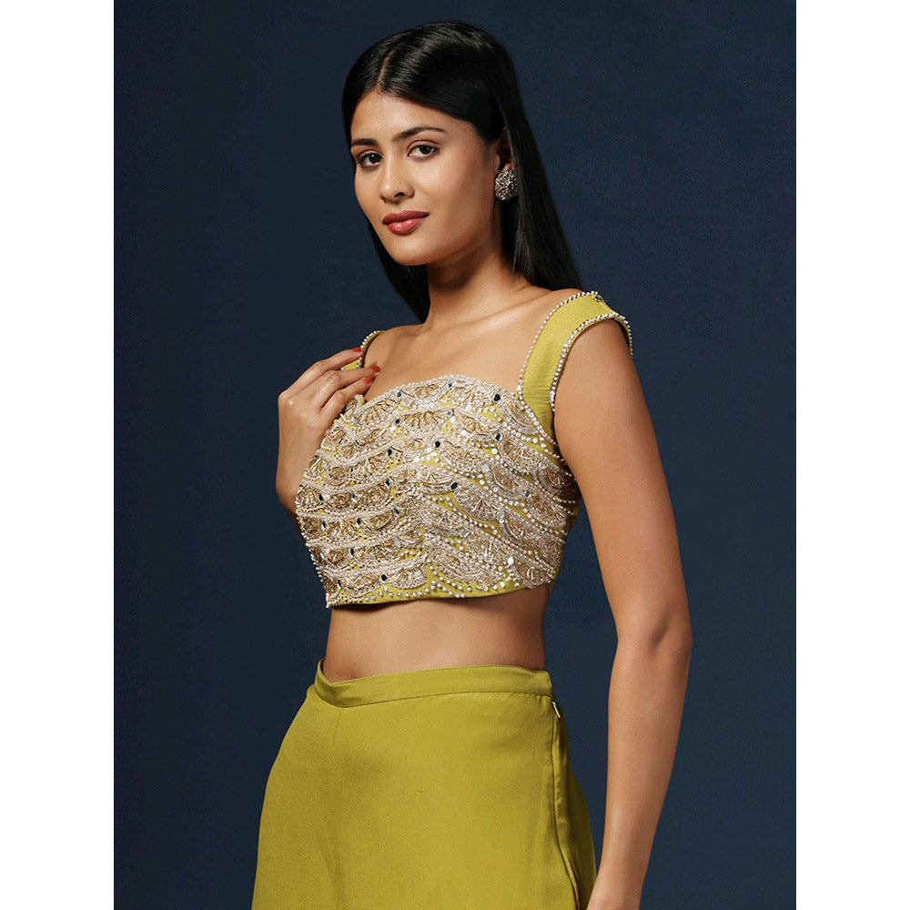 "Two Sisters" by Gyans Green Embellished Crop Top with Palazzo, Belt and Dupatta (Set of 4)