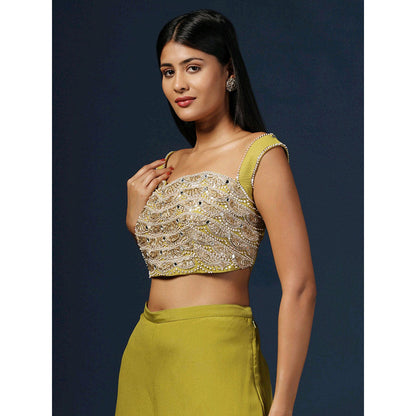 "Two Sisters" by Gyans Green Embellished Crop Top with Palazzo, Belt and Dupatta (Set of 4)