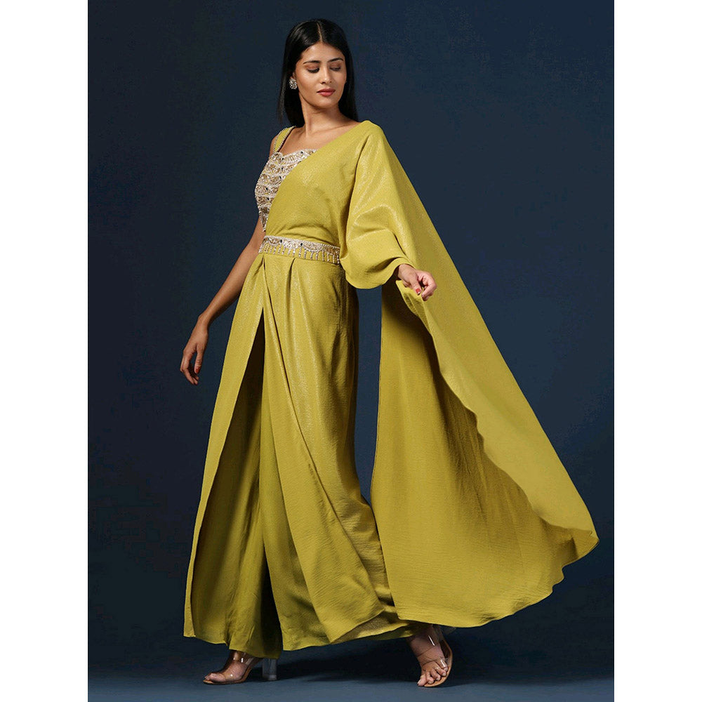 "Two Sisters" by Gyans Green Embellished Crop Top with Palazzo, Belt and Dupatta (Set of 4)