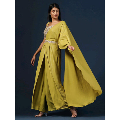 "Two Sisters" by Gyans Green Embellished Crop Top with Palazzo, Belt and Dupatta (Set of 4)