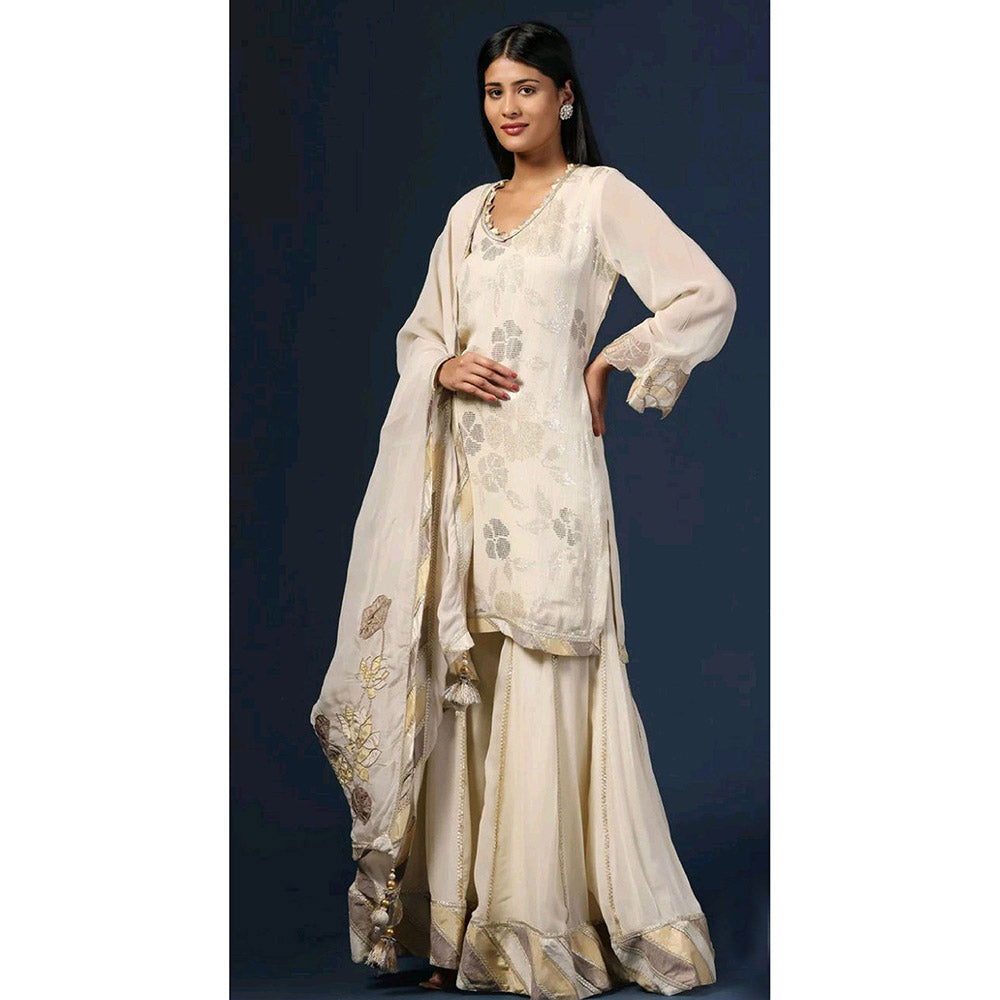 "Two Sisters" by Gyans Off White Kurta with Sharara and Dupatta (Set of 3)
