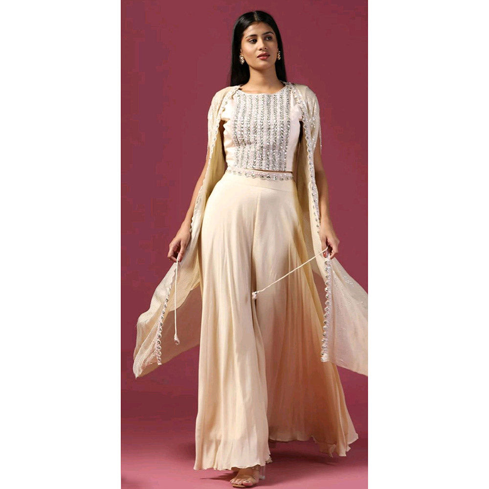 "Two Sisters" by Gyans Ivory Georgette Cape with Crop Top, Palazzo and Belt (Set of 4)