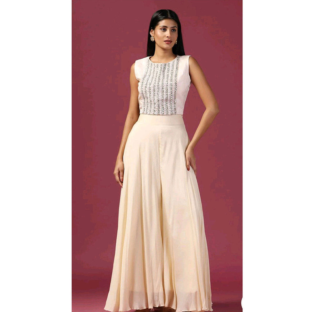 "Two Sisters" by Gyans Ivory Georgette Cape with Crop Top, Palazzo and Belt (Set of 4)