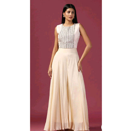 "Two Sisters" by Gyans Ivory Georgette Cape with Crop Top, Palazzo and Belt (Set of 4)