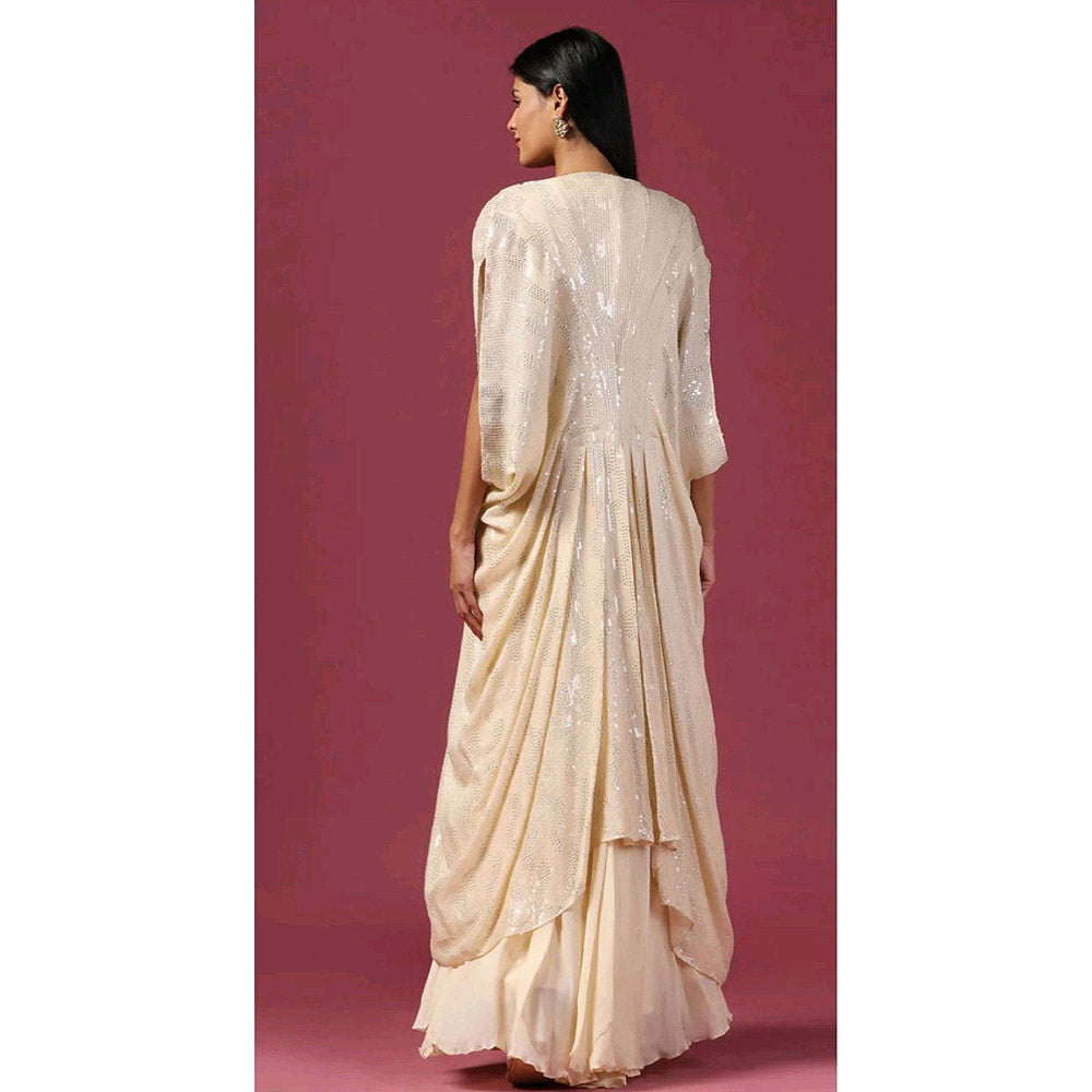 "Two Sisters" by Gyans Ivory Georgette Cape with Crop Top, Palazzo and Belt (Set of 4)