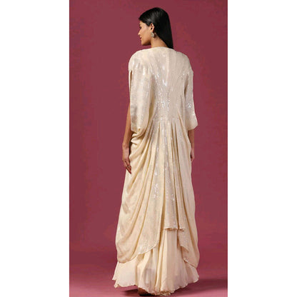 "Two Sisters" by Gyans Ivory Georgette Cape with Crop Top, Palazzo and Belt (Set of 4)