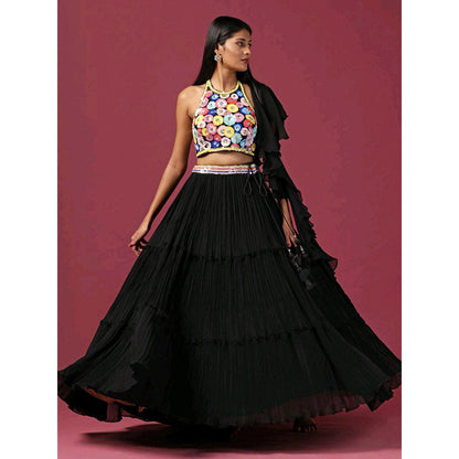 "Two Sisters" by Gyans Black Embroidered Lehenga with Blouse and Dupatta (Set of 3)