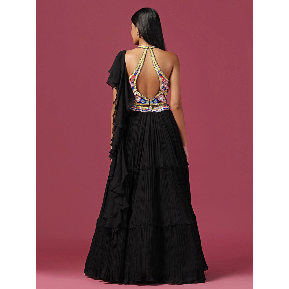 "Two Sisters" by Gyans Black Embroidered Lehenga with Blouse and Dupatta (Set of 3)