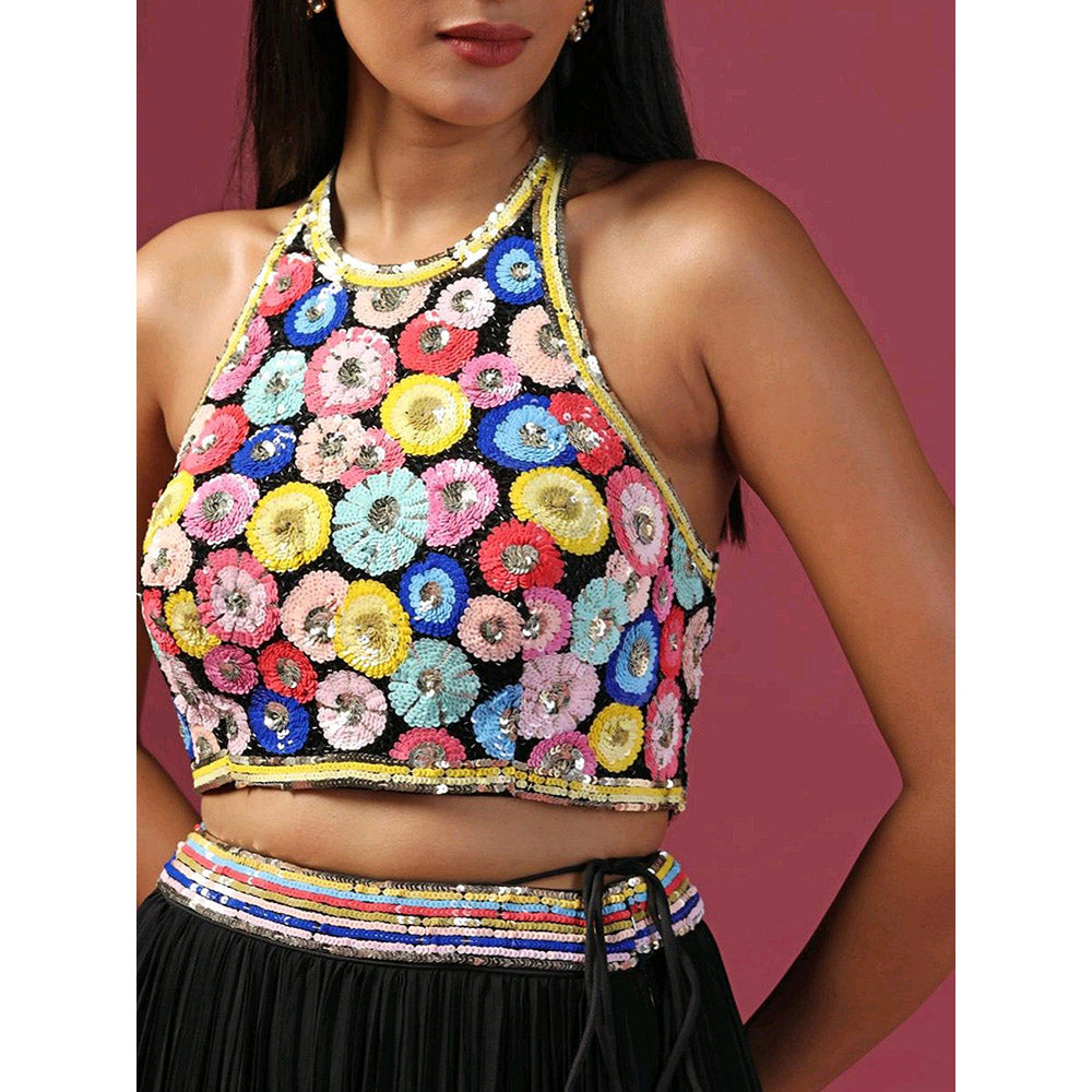 "Two Sisters" by Gyans Black Embroidered Lehenga with Blouse and Dupatta (Set of 3)