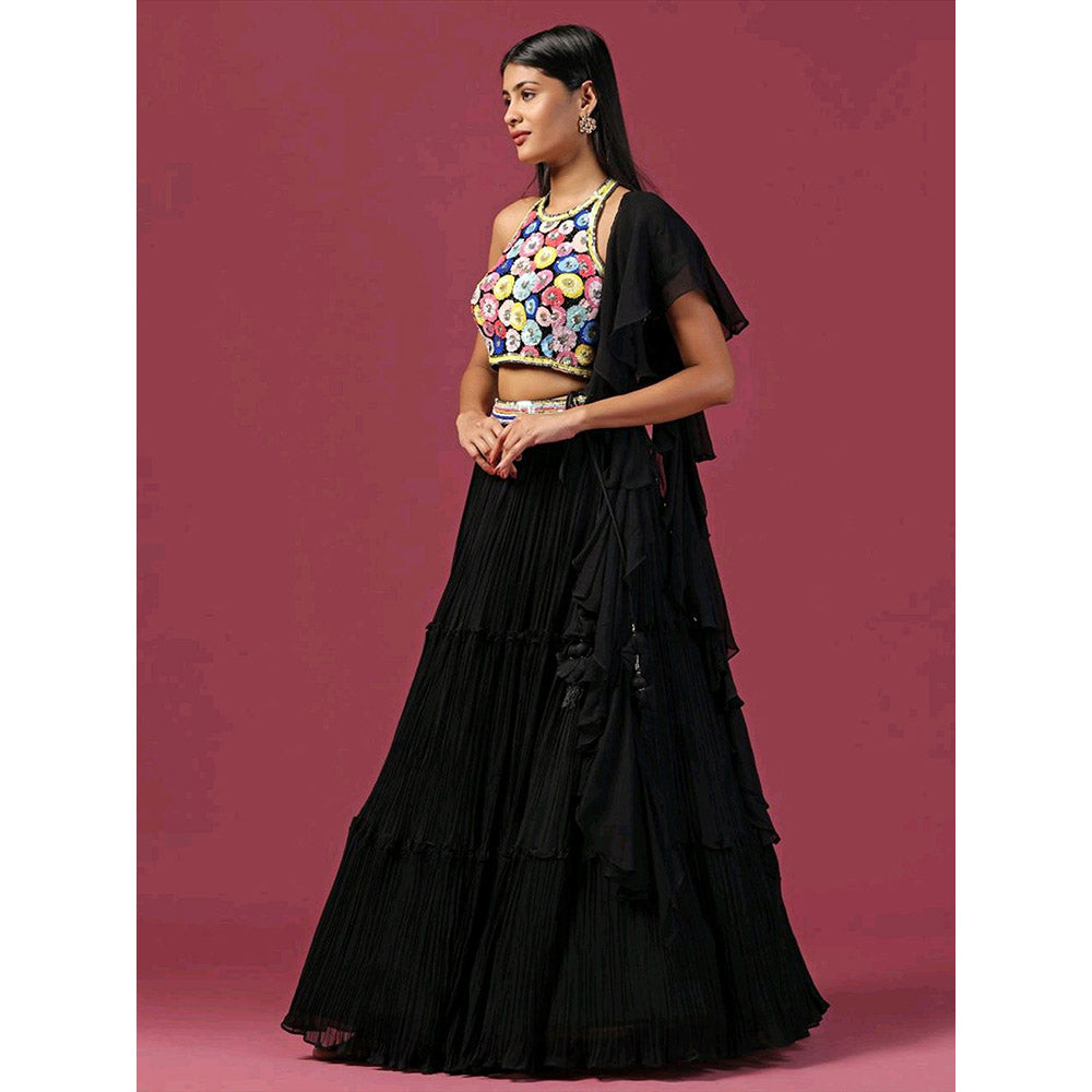 "Two Sisters" by Gyans Black Embroidered Lehenga with Blouse and Dupatta (Set of 3)