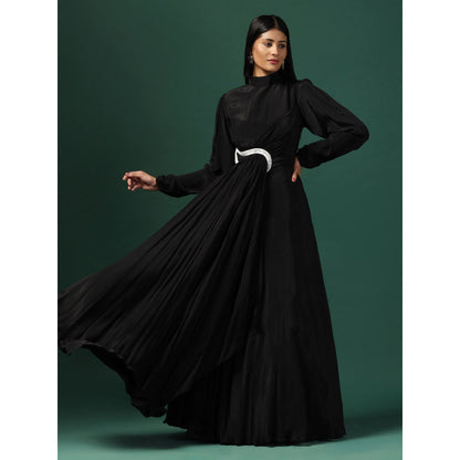 "Two Sisters" by Gyans Black Draped Gown with Pearl and Crystal Motif