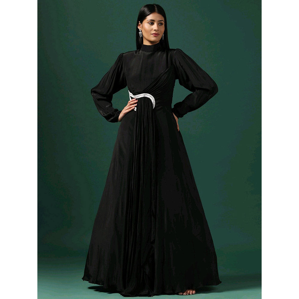 "Two Sisters" by Gyans Black Draped Gown with Pearl and Crystal Motif