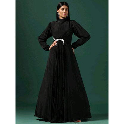 "Two Sisters" by Gyans Black Draped Gown with Pearl and Crystal Motif