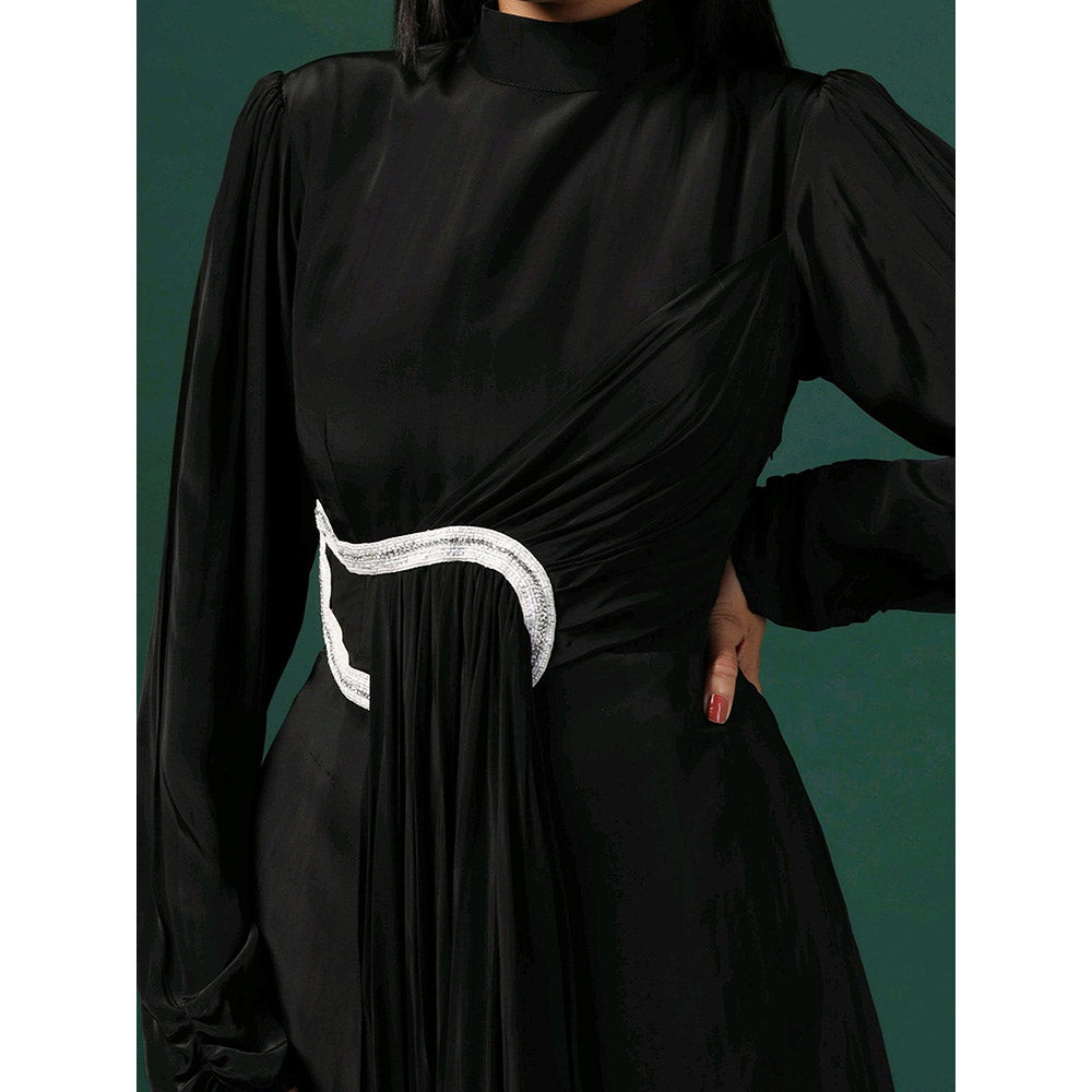 "Two Sisters" by Gyans Black Draped Gown with Pearl and Crystal Motif