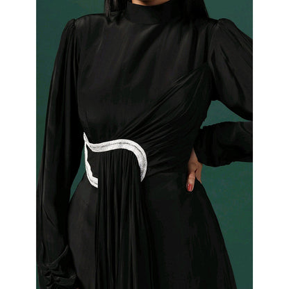 "Two Sisters" by Gyans Black Draped Gown with Pearl and Crystal Motif