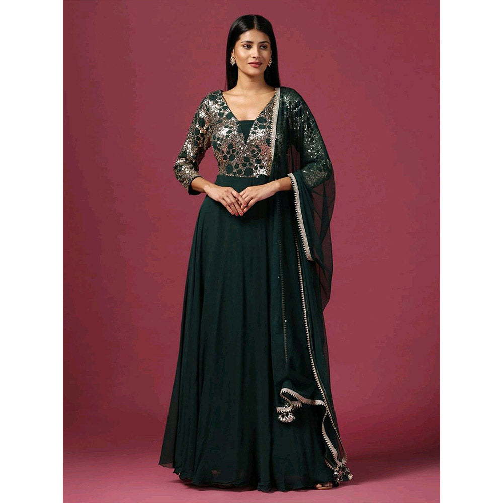 "Two Sisters" by Gyans Green Antique Sequin Work Anarkali with Dupatta (Set of 2)