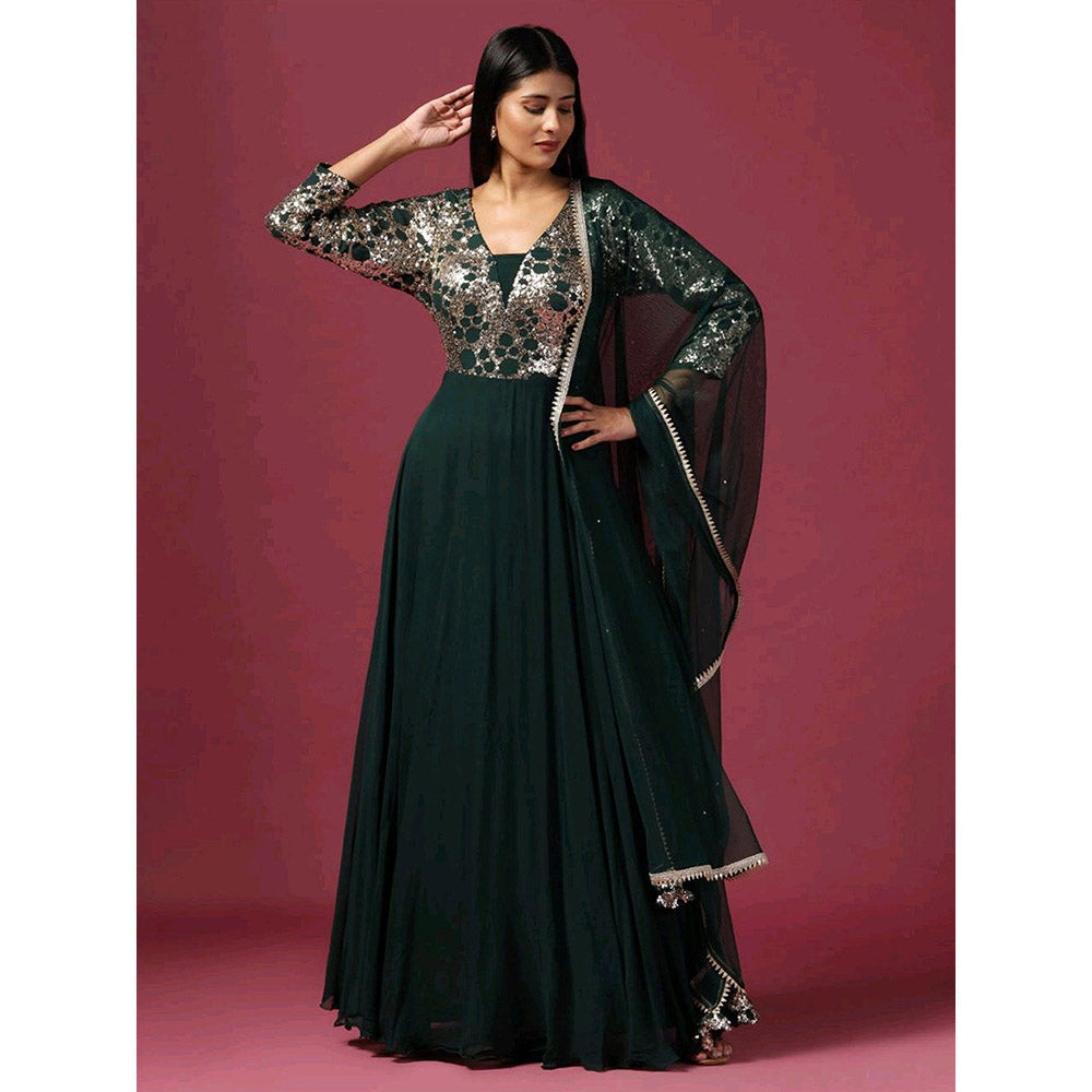 "Two Sisters" by Gyans Green Antique Sequin Work Anarkali with Dupatta (Set of 2)