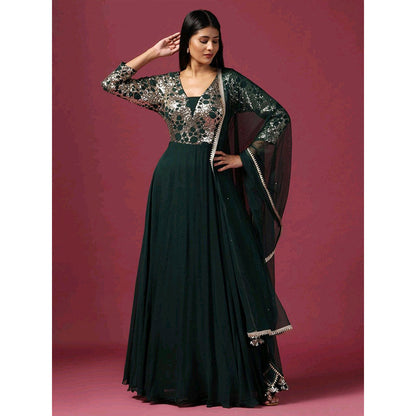 "Two Sisters" by Gyans Green Antique Sequin Work Anarkali with Dupatta (Set of 2)