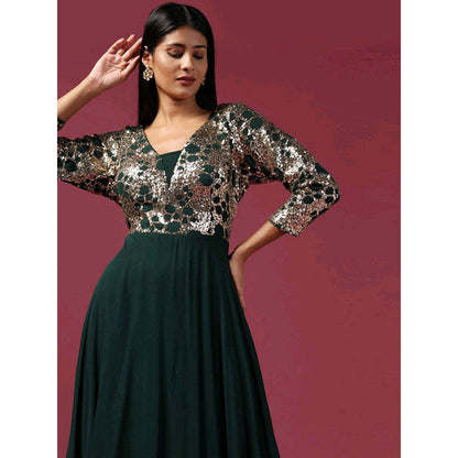 "Two Sisters" by Gyans Green Antique Sequin Work Anarkali with Dupatta (Set of 2)