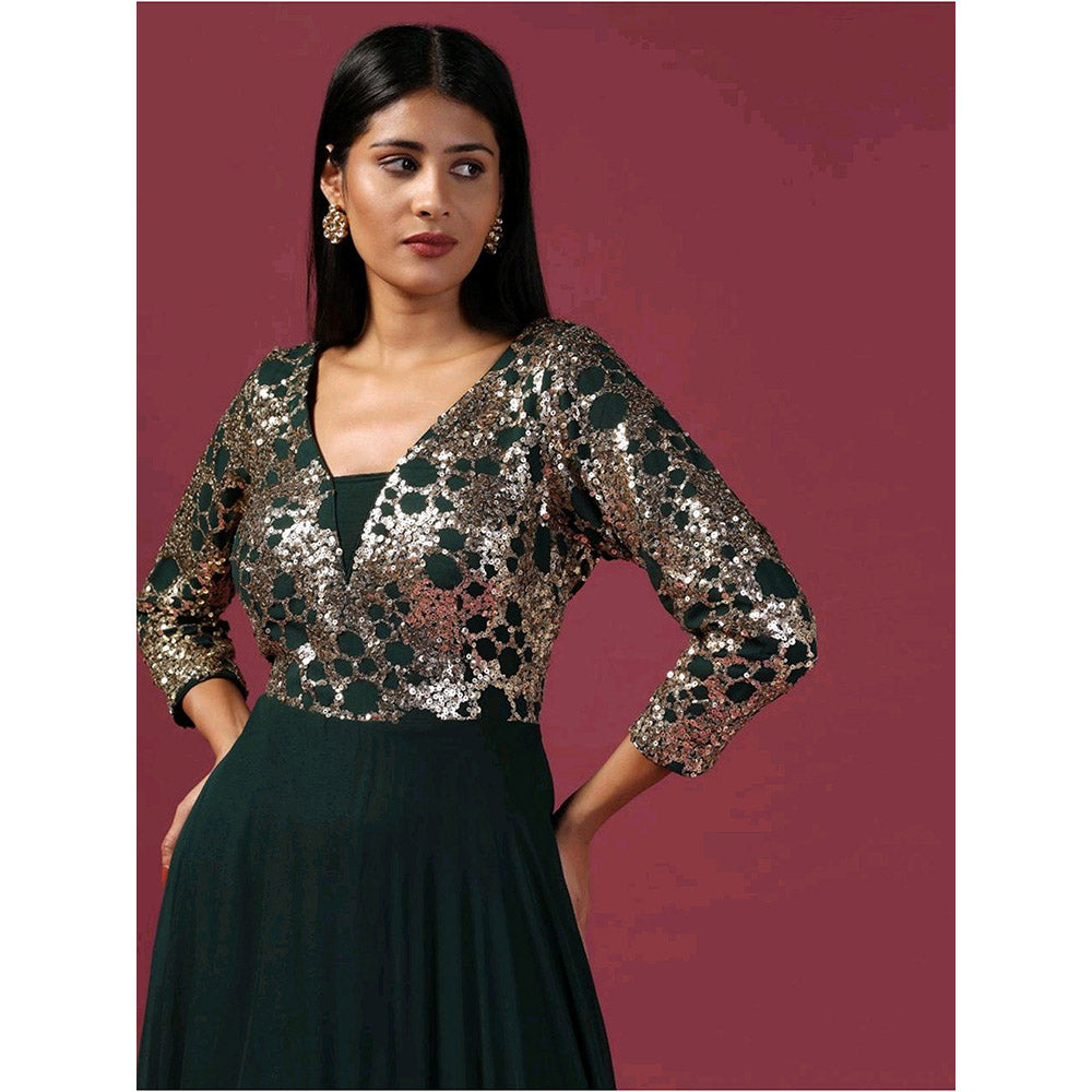 "Two Sisters" by Gyans Green Antique Sequin Work Anarkali with Dupatta (Set of 2)