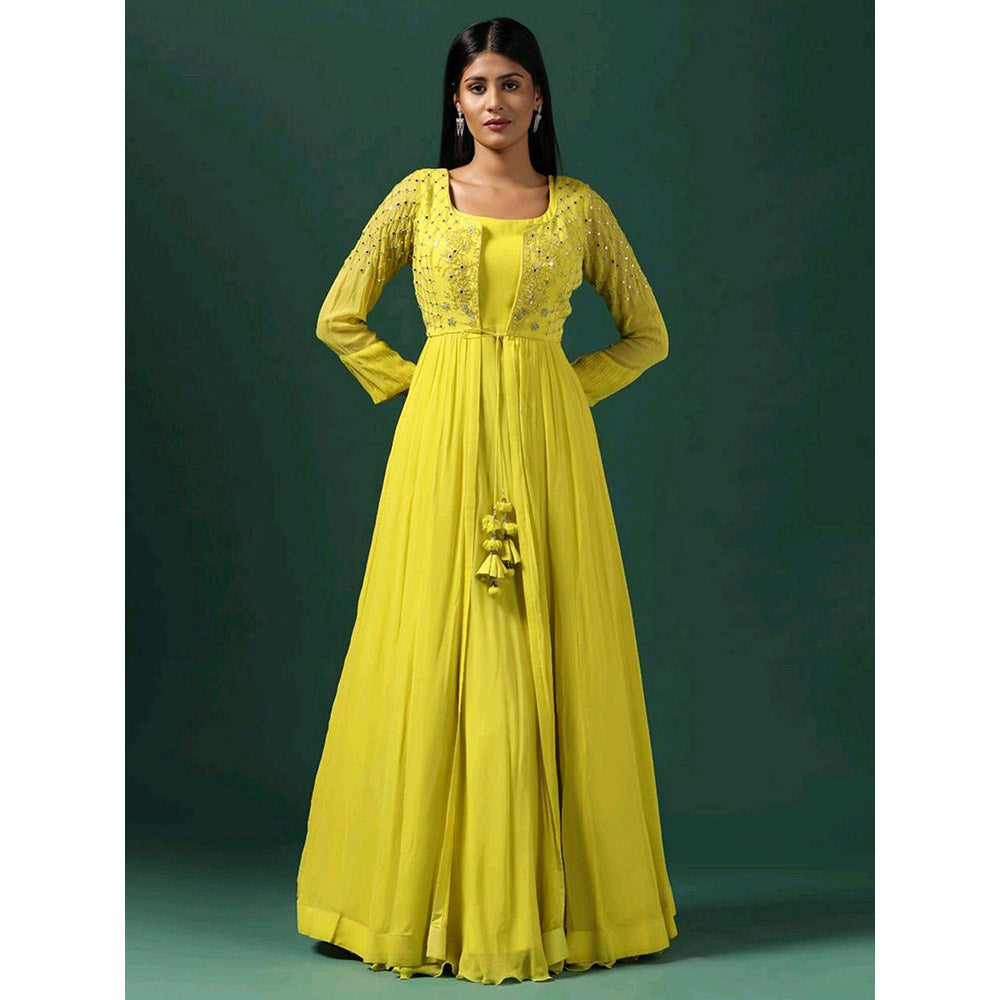 "Two Sisters" by Gyans Yellow Anarkali with Embroidered Cape (Set of 2)