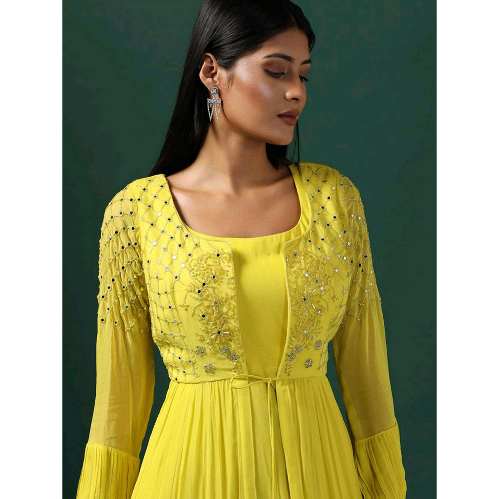 "Two Sisters" by Gyans Yellow Anarkali with Embroidered Cape (Set of 2)