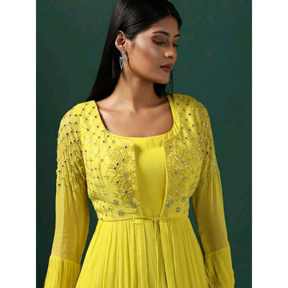"Two Sisters" by Gyans Yellow Anarkali with Embroidered Cape (Set of 2)