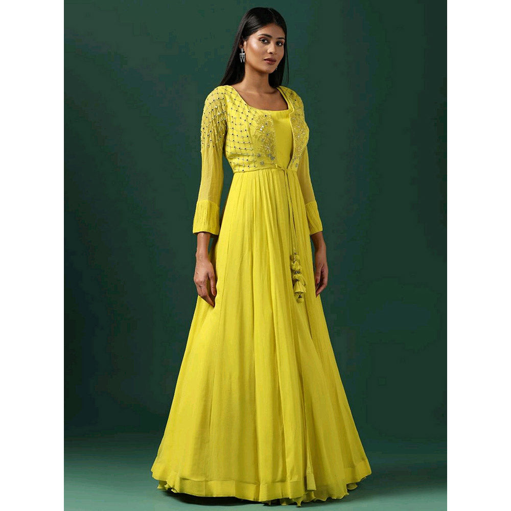 "Two Sisters" by Gyans Yellow Anarkali with Embroidered Cape (Set of 2)