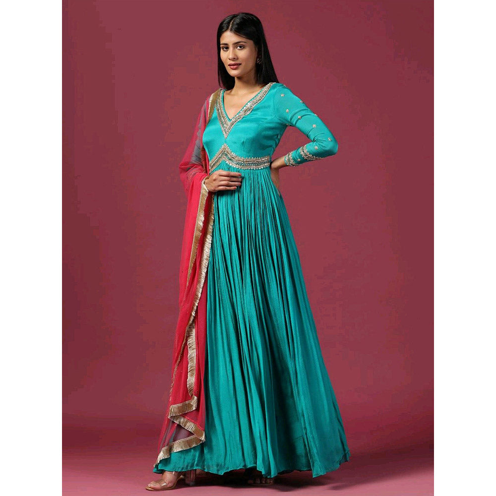 "Two Sisters" by Gyans Teal Blue Anarkali with Dupatta (Set of 2)