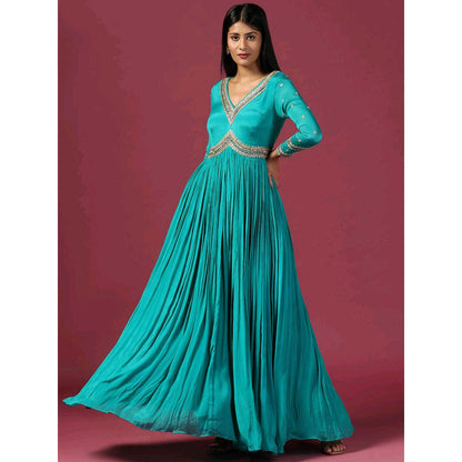 "Two Sisters" by Gyans Teal Blue Anarkali with Dupatta (Set of 2)