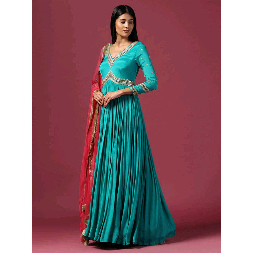 "Two Sisters" by Gyans Teal Blue Anarkali with Dupatta (Set of 2)
