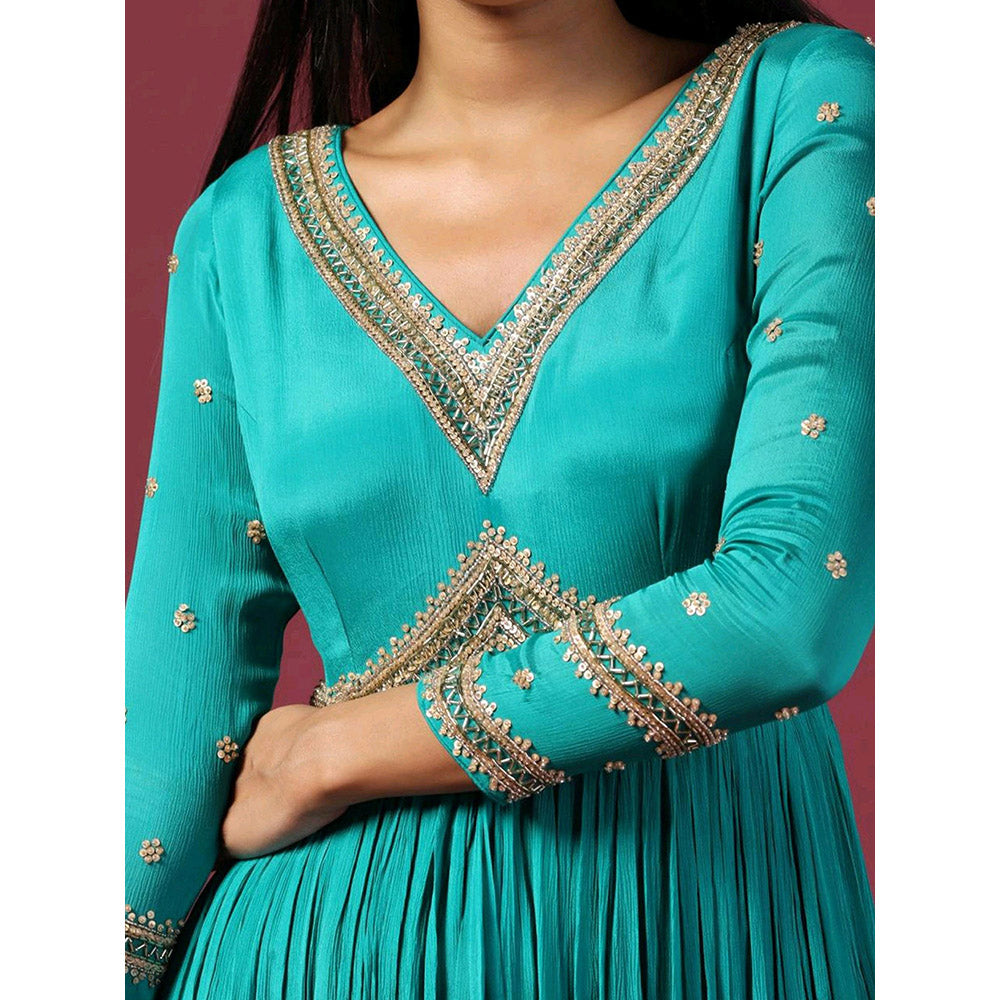 "Two Sisters" by Gyans Teal Blue Anarkali with Dupatta (Set of 2)