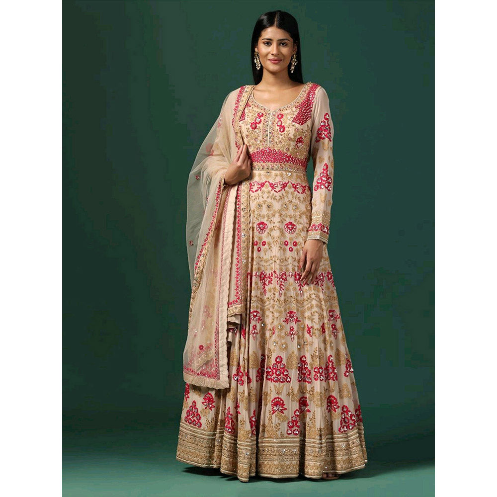 "Two Sisters" by Gyans Beige Embroidered Anarkali with Dupatta (Set of 2)