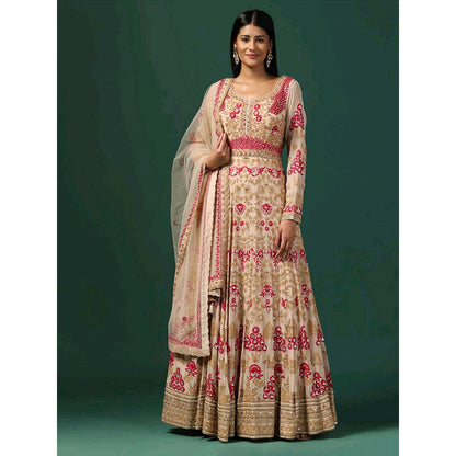 "Two Sisters" by Gyans Beige Embroidered Anarkali with Dupatta (Set of 2)