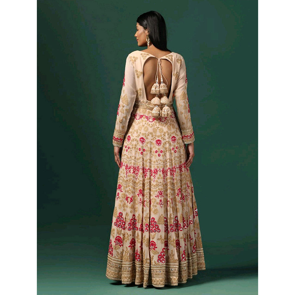 "Two Sisters" by Gyans Beige Embroidered Anarkali with Dupatta (Set of 2)