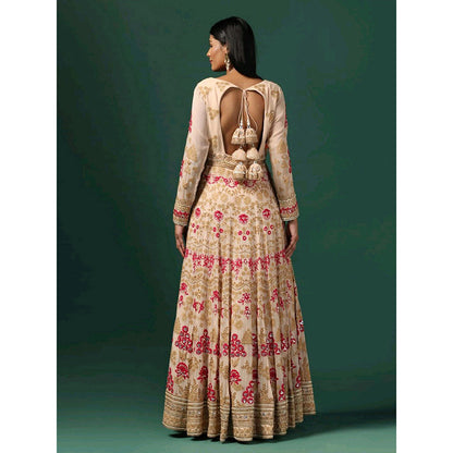 "Two Sisters" by Gyans Beige Embroidered Anarkali with Dupatta (Set of 2)