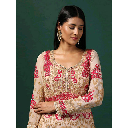 "Two Sisters" by Gyans Beige Embroidered Anarkali with Dupatta (Set of 2)