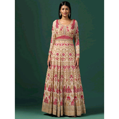 "Two Sisters" by Gyans Beige Embroidered Anarkali with Dupatta (Set of 2)