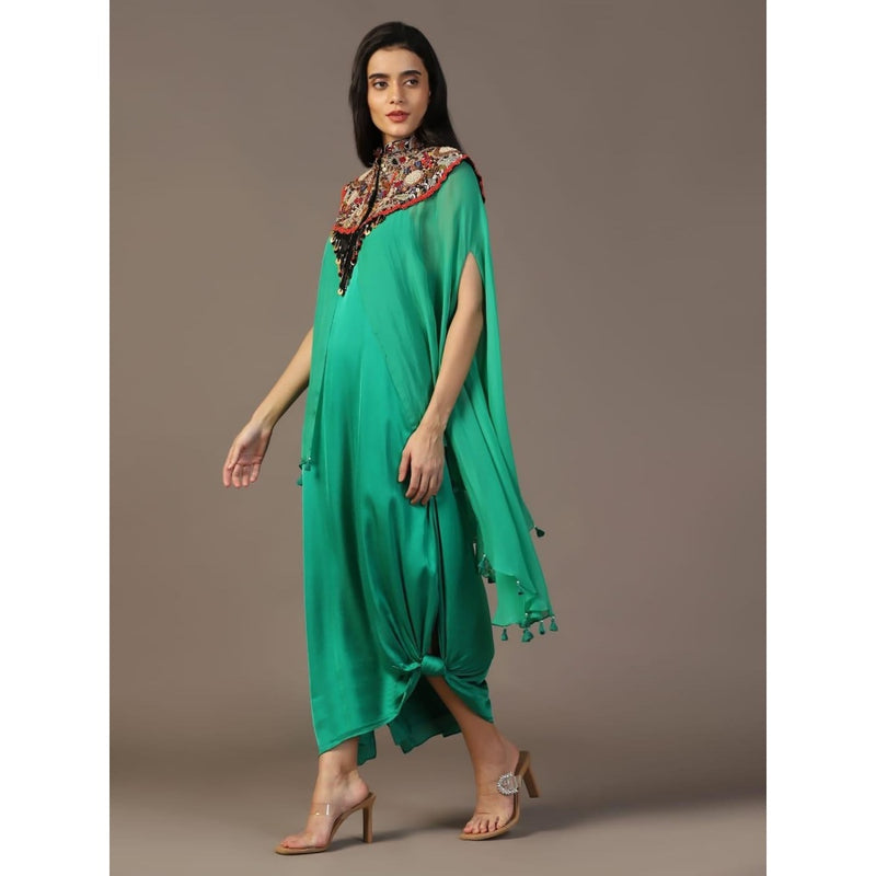"Two Sisters" by Gyans Leaf Green Maxi Dress with Embroidered Cape (Set of 2)